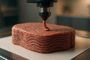 3D food printing process with a nozzle extruding textured meat onto a flat surface, advanced culinary technology photo