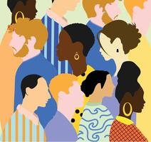Diverse community illustration, showing unity and togetherness through various ethnicities, hairstyles, and fashion choices in a flat design vector