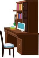 Study Room Table With Desktop Books And Chair Furniture Side View vector