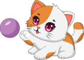 Chibi Cat Playing With Ball Kitten Animal Mascot vector