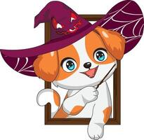 Dog Looking From Window Frame Wearing Witch Hat vector