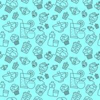 Seamless pattern of sweet drinks and desserts in black outline style over a cyan background. Clean and fun visual style perfect for beverage branding, cafe wallpaper, or promotional backgrounds. vector