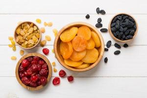 Bowl with different dried fruits table background, top view. Healthy lifestyle with copy space photo