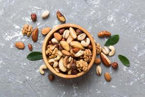mixed nuts bowl. Mix various nuts on colored background. pistachios, cashews, walnuts, hazelnuts, peanuts and brazil nuts photo