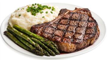 Delicious Grilled Steak with Mashed Potatoes and Asparagus - Perfect Dinner Concept for Food Lovers photo