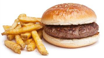 Delicious Grilled Burger with Crispy French Fries on White Background - Perfect for Fast Food and Dinner Concepts photo