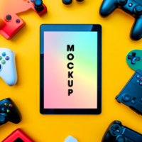 Tablet Mockup with Colorful Game Controllers Perfect for Gaming App Promotion psd