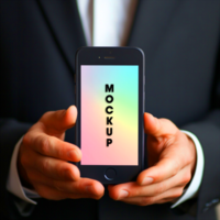 Phone Mockup Businessman Holding Smartphone with Gradient Background for App Presentation psd