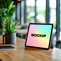 Tablet Mockup Modern Device on Wooden Table in Cafe Setting psd