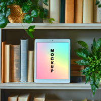 Tablet Mockup on Bookshelf with Plants Perfect for App or Website Presentation psd
