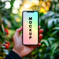 Phone Mockup Smartphone in Hand Colorful Gradient Background Nature Setting psd