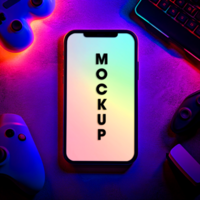 Smartphone Mockup Gaming App Display on Mobile Phone with Controllers and Keyboard psd