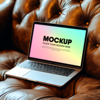 Laptop Mockup Modern Device on Leather Couch Website Design App Presentation Technology Showcase psd