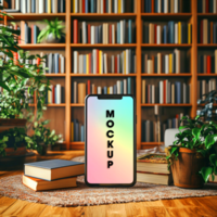 Phone Mockup in Library Setting Bookshelf Background psd
