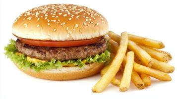 Delicious Burger and Fries on a White Background Perfect for Lunch Break Concepts and Food Advertisements photo