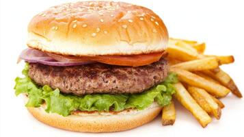 Delicious Cheeseburger with Fresh Lettuce, Tomato, and Onion Served with Crispy French Fries on a White Background photo