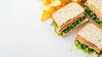 Fresh Sandwiches with Lettuce and Cheese Served with Crispy Potato Chips on a White Background photo
