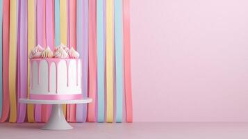Colorful Party Cake with Dripping Icing and Pastel Decorations on a Stand Against a Pink Background photo