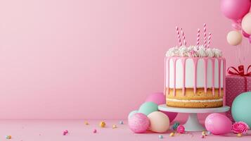 Vibrant Celebration with Pink Drip Cake and Colorful Balloons for Festive Party Atmosphere photo