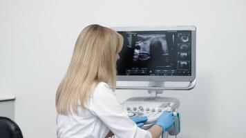 Porträt von ein jung weiblich Ultraschall Spezialist in der Nähe von ein Bildschirm Anzeigen Scan Ergebnisse. das Konzept von modern Technologie und ein Fachmann Ansatz im medizinisch Bildgebung video