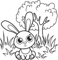 Cute rabbit with tree and grass vector