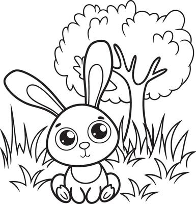 Cute rabbit with tree and grass