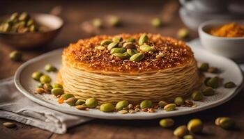Elegant serving of crispy Kunafa drizzled in syrup, with a pistachio topping, isolated on rustic wood with warm lighting. photo
