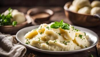 Bowl of smooth mashed potatoes styled against a warm, inviting background. photo