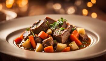 Rustic Irish beef stew with chunks of beef, carrots, and potatoes in a hearty broth. photo