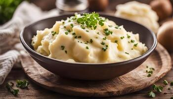 Comfort food vibes mashed potatoes in a bowl placed in front of a homestyle setting photo