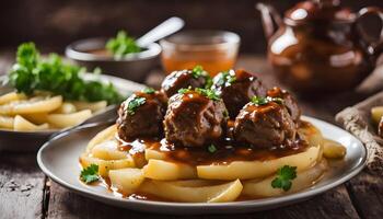 Balanced Nordic plate featuring homemade lean Swedish meatballs, rustic potatoes, and a lightened version of classic gravy photo