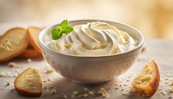 Homemade cream cheese with rich texture and shine, served in a bowl on cloth backdrop photo