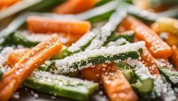 Minimalist composition of salted baked veggie straws on white background photo