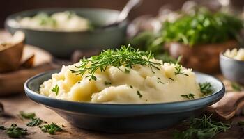 Warm bowl of homemade mashed potatoes on a wooden surface with a soft farmhouse background photo
