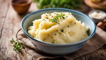 Smooth and fluffy homemade mashed potatoes presented with a blurred background photo