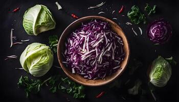 Fresh cabbage strips arranged in a bowl on a dark slate background. photo