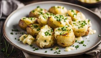 Smashed potatoes with butter dripping down the sides and finely chopped chives photo