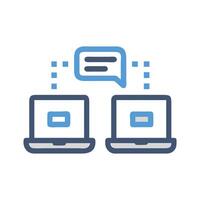 Two laptops communicating, data transfer concept, on black background vector
