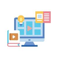 Online learning illustration with computer, book and lightbulb vector