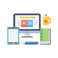 Creative workspace with digital devices, books and mug vector