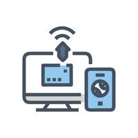 Data transfer between monitor and mobile device icon vector