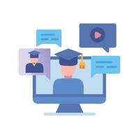 Online graduation ceremony on computer, virtual event icon vector