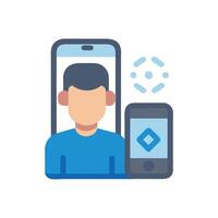 Person using augmented reality app on two smartphones vector