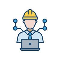Engineer with Laptop, Data Networking, and Safety Helmet vector