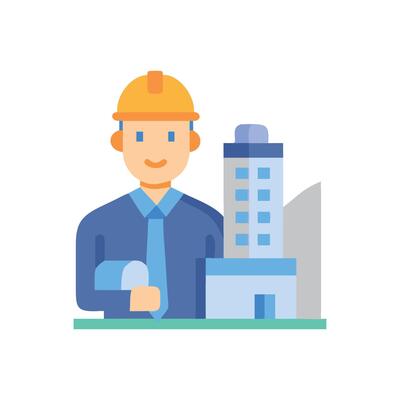 Architect with building model and hard hat icon