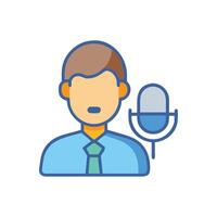 Man with microphone for podcasting, speaking, interviewing icon vector