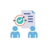 Team discussion meeting with approved document showing task completion vector