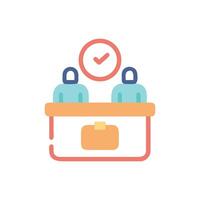 Two people behind counter with confirmation check mark symbol vector
