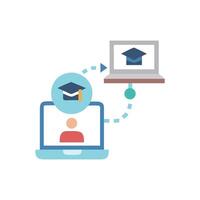 Online learning concept with graduation cap connected to laptops vector