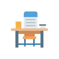 Flat illustration of desk and chair in office setting vector